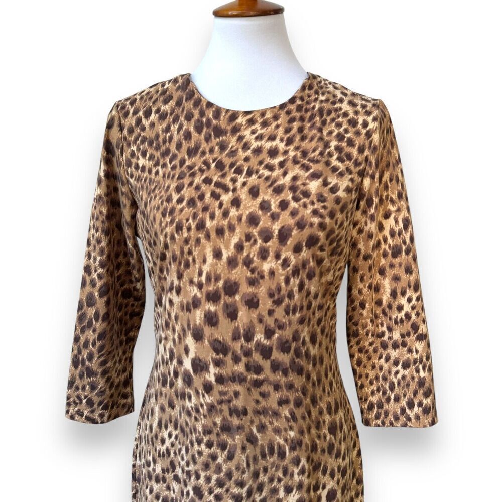 J.McLaughlin Womens Sheath Dress Brown Animal Print 3/4 Sleeve Stretch Zip M - Picture 5 of 9